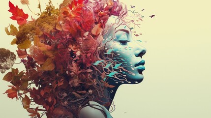 Design an AI-generated visual where the outlines of women seamlessly merge with the vibrant foliage, resulting in a captivating double exposure creation.