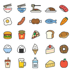 食べ物のアイコン（線画カラー）のイラストセット