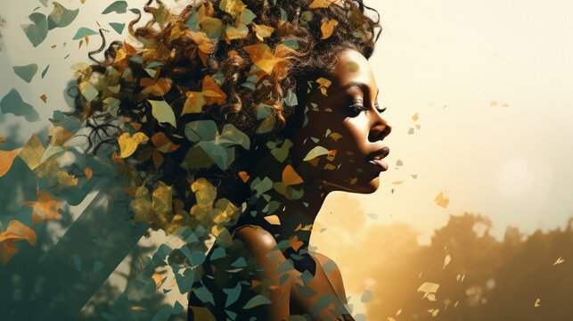 Generate an AI-crafted composition featuring layers of leaves forming the silhouette of a female figure, illustrating a captivating double exposure fusion.