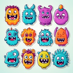 Collection of monster sticker illustrations, AI generated Image