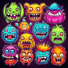 Collection of monster sticker illustrations, AI generated Image