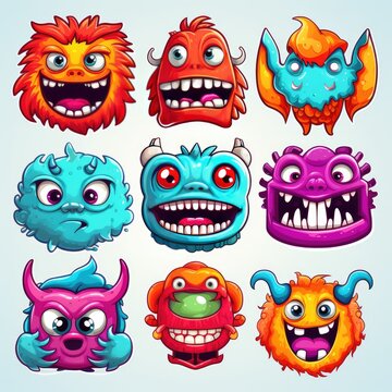 Collection of monster sticker illustrations, AI generated Image