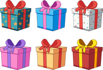 Set of six cartoon illustrations of gift boxes in various colors