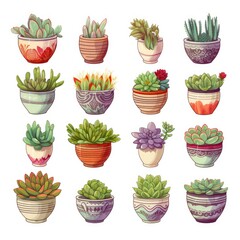 Fototapeta premium Collection of succulent illustrations, AI generated Image