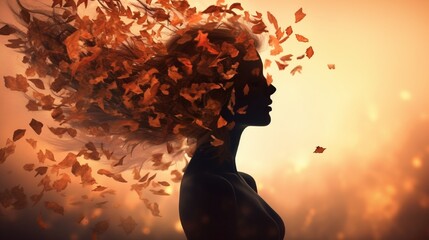 Whirlwind of leaves surrounding a woman's silhouette.