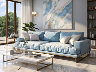 Modern living room, blue decor, marble flooring, large windows, sunlight shining, with live plants decor