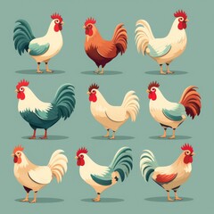 Set of chicken stickers illustration, AI generated Image