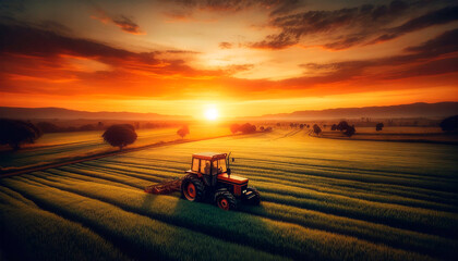 tractor at sunset on a field 