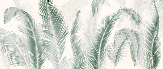 Botanical abstract art background with leaves of tropical plants, palm trees with watercolor texture. Banner with exotic plants for decoration, print, wallpaper, textiles, interior design - obrazy, fototapety, plakaty