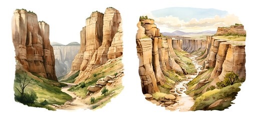 Western canyon, watercolor clipart illustration with isolated background