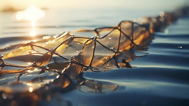 Closeup of a long, thin mesh net dd over the surface of the water, designed to skim and collect oil from the oceans surface.