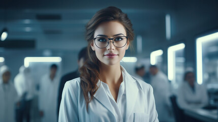 Portrait of a beautiful young female doctor, 25 years old, wearing a white coat and glasses in a modern medical science laboratory.