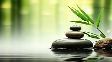 Zen garden scene with bamboo, stones, water and soft blur effect