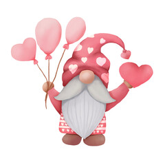 Watercolor cute pink valentines gnome. Cartoon love character illustration. Valentine's day greeting, card, invitation, flyer