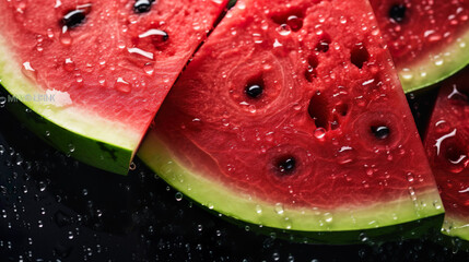 Watermelon cut into pieces Surrounded by water drops The watermelon was on the table, delicious and delicious.