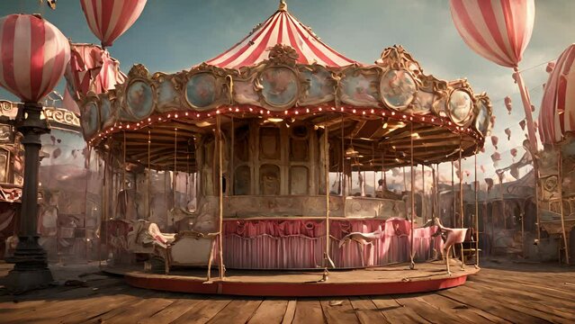 broken carousel mirror, cracked shattered, reflected haunting image deserted carnival empty stage with faded velvet curtains, toppled cotton candy stand, ghost train with 2d animation