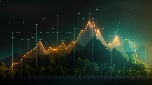 A low poly wireframe ilration showcasing the evergrowing and evolving nature of technology, symbolized by an upward facing arrow on a digital growth graph chart.