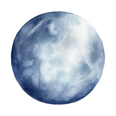 Blue Full Moon Watercolor on Transparent Background, Serene Lunar Illustration for Night Sky Design