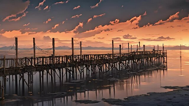 storm clouds gather overhead, darkening casting ominous aura over abandoned pier. wind whips through rotting pillars, causing them creak groan. distance, faint glow 2d animation