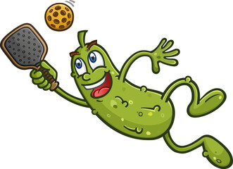 Dill pickle cartoon character leaping and diving to hit a rogue pickleball from an impressive opponent during a match on the court vector clip art - 688323706