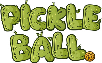 Pickle ball letters and words written in a dill pickle style font with vines and stems and a ball, illustrated vector graphic for flyers, ads or shirts - 688323753