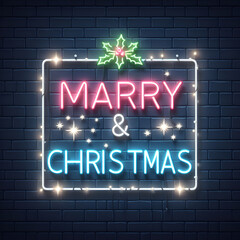 Obraz premium Neon light interior with Merry Christmas written on it. Generative AI