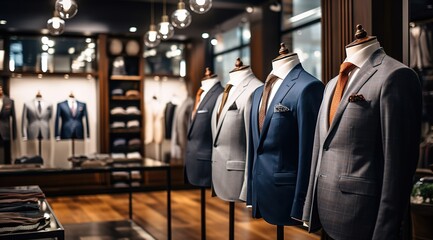 Elegant suits on display in men's clothing store - obrazy, fototapety, plakaty