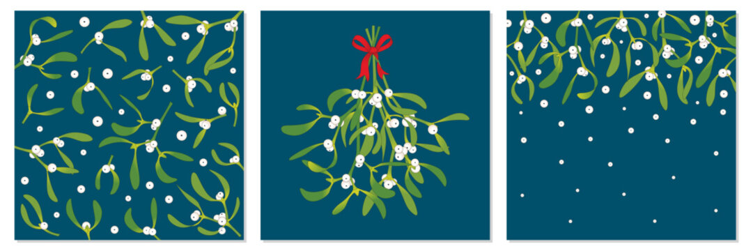 Drei weihnachtliche Motive mit Mistelzweigen. Florale Vektor Illustration.