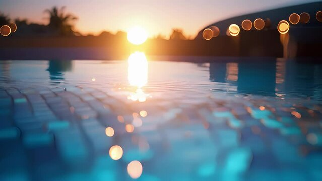 Vibrant closeup of the infinity pools edge, showcasing the intricate tile work and glistening water beneath the vibrant sunset.