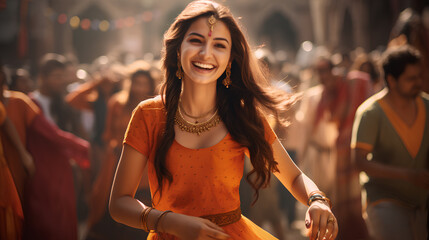 makar sankranti, diwali, lohri beautiful and happy dancing indian woman in punjabi or saree traditional dress