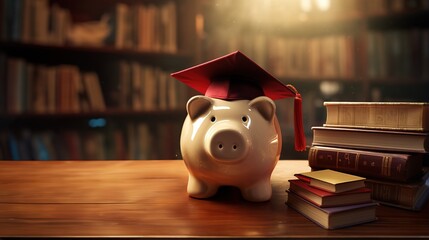 Piggy bank wearing a graduation cap on desk