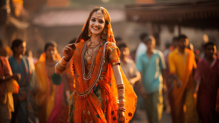 Fototapeta premium makar sankranti, diwali, lohri indian traditional festival background, happy smiling indian woman in punjab traditional dress
