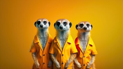 3 funny meerkat on yellow background 