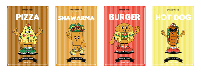 Retro groovy cartoon character fast food posters set. Vintage mascot pizza, Hamburger, hot dog, buritto with psychedelic smile and emotion. Funky vector illustration