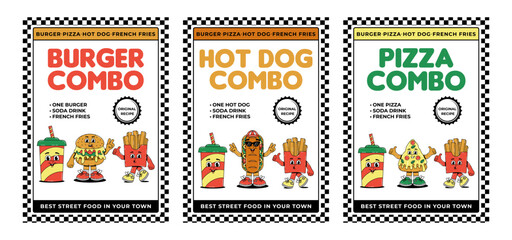 Retro groovy cartoon character fast food posters set. Vintage mascot Hamburger, Pizza, Hot dog, drink, french fries with psychedelic smile and emotion. Funky vector illustration