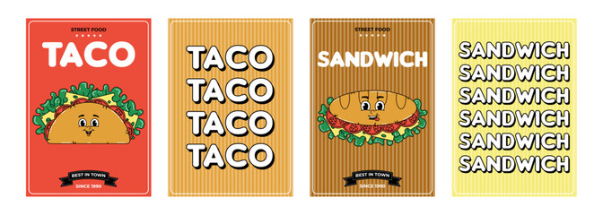 Retro groovy cartoon character fast food posters set. Vintage mascot taco and sandwich with psychedelic smile and emotion. Funky vector illustration