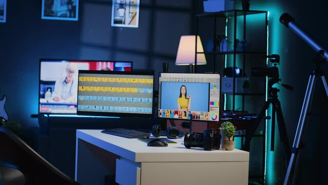 Cutting edge creative office in media company with multi monitor computer setup used for image retouching. Professional post processing studio with editing software interface on PC screens