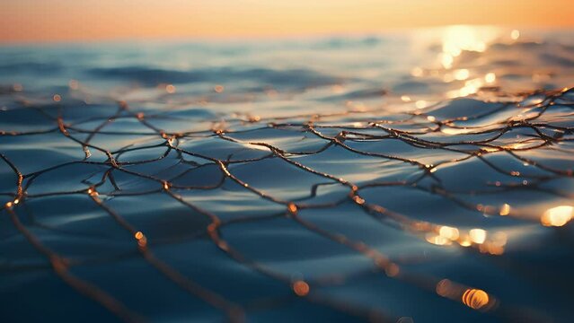 Closeup of a long, thin mesh net dd over the surface of the water, designed to skim and collect oil from the oceans surface.