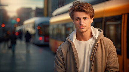 Fototapeta premium Young smart guy traveling in the City