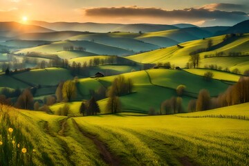 panorama of romania countryside at sunset in evening light. wonderful springtime landscape in mountains. grassy field and rolling hills. rural scenery - obrazy, fototapety, plakaty