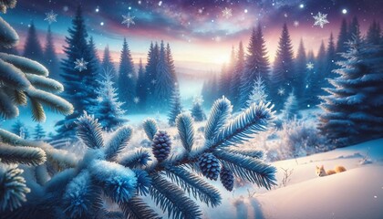 Enchanted Winter Forest at Twilight with Snowflakes

