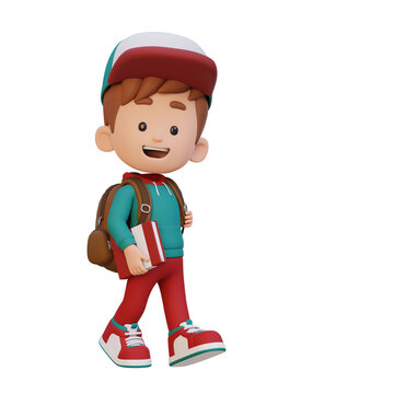 recommend clip art: 3D happy kid character walking go to school holding book