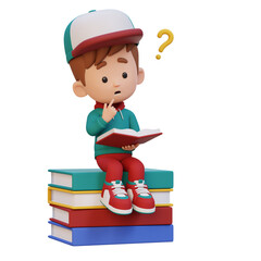 3D kid character get confused when reading a book