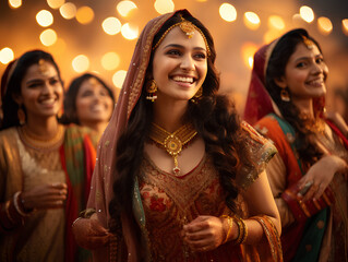 makar sankranti, diwali, beautiful and happy dancing indian woman in punjabi or saree traditional dress