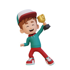 3D kid character celebrating win holding a trophy