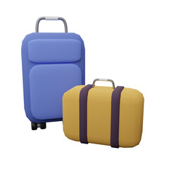 Yellow and blue travel suitcase in 3d plastic render. Travel luggage object for travel poster.