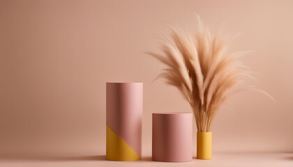 Autumn pink stand mock up with pampas grass on brown or yellow background with dried flowers