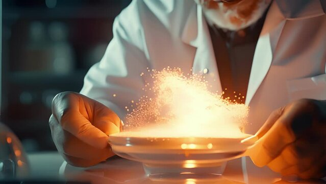 Closeup of a scientist carefully manipulating a small container, as small sparks of antimatter emerge from within.