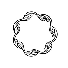 Baroque swirls floral ornamental circular frame element for related graphic design purpose.