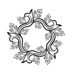 Baroque swirls floral ornamental circular frame element for related graphic design purpose.